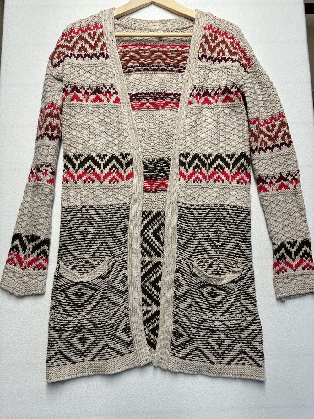 Maurices Long Open Front Cardigan Small Geometric Boho Knit